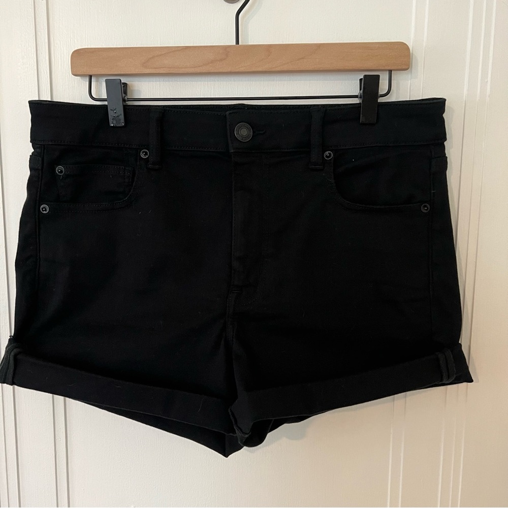 American Eagle Ne(x)t Level Stretch High-Rise Midi Short Black Denim Size 14